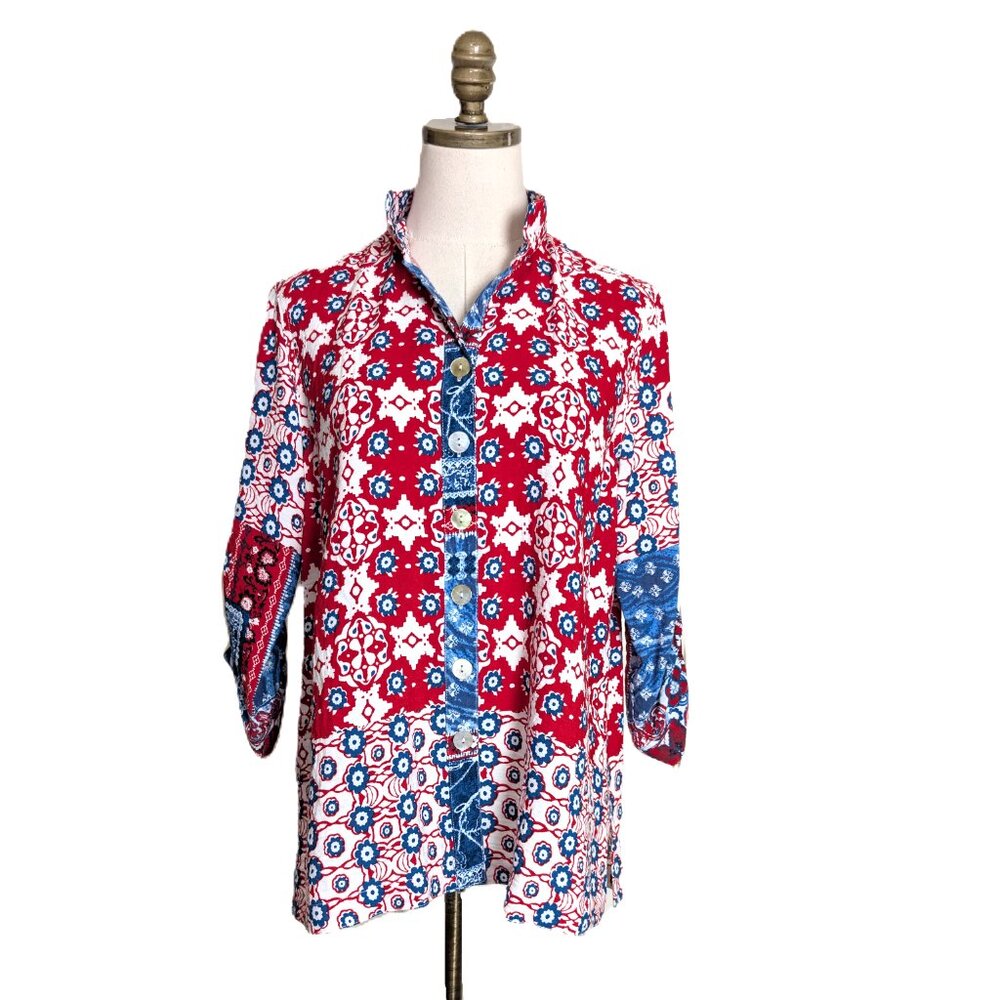 John Mark Colorful Floral Artsy Cinch Sleeve Wired Collar Tunic Top Women's PM